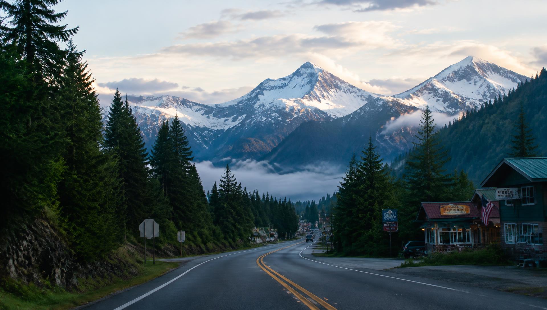 Evergreen-lined highway through the Cascades with mountain peaks and small-town storefronts